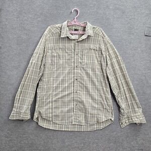 REI Men Button Up Shirt XL Beige Plaid Outdoor Performance Long Sleeve Mesh